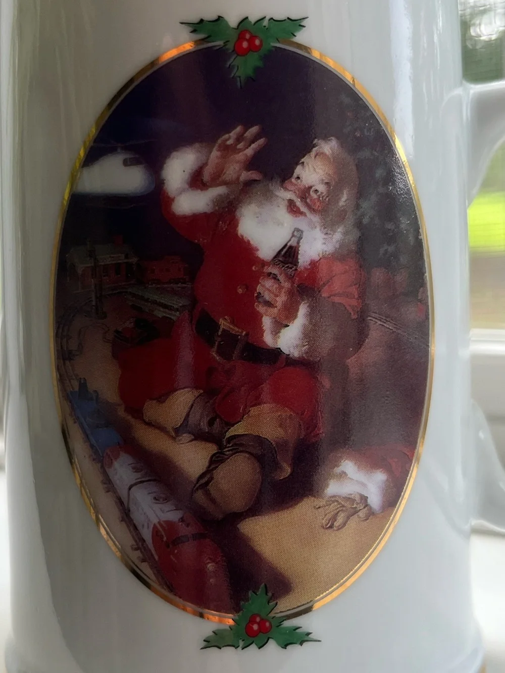 Vintage Coca Cola White and Gold Santa Holiday Ceramic Stein